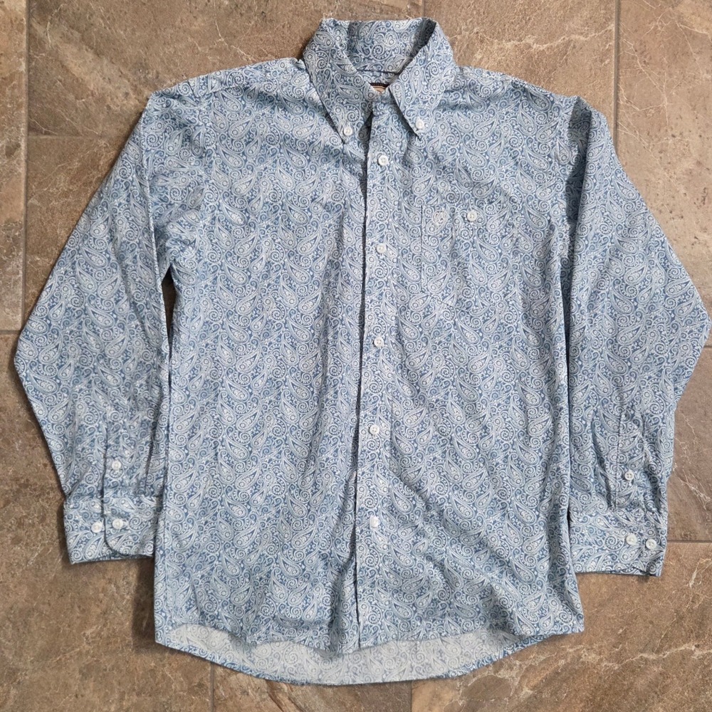Wrangler Womens Blue Paisley Button Down Western Shirt Long Sleeve Large